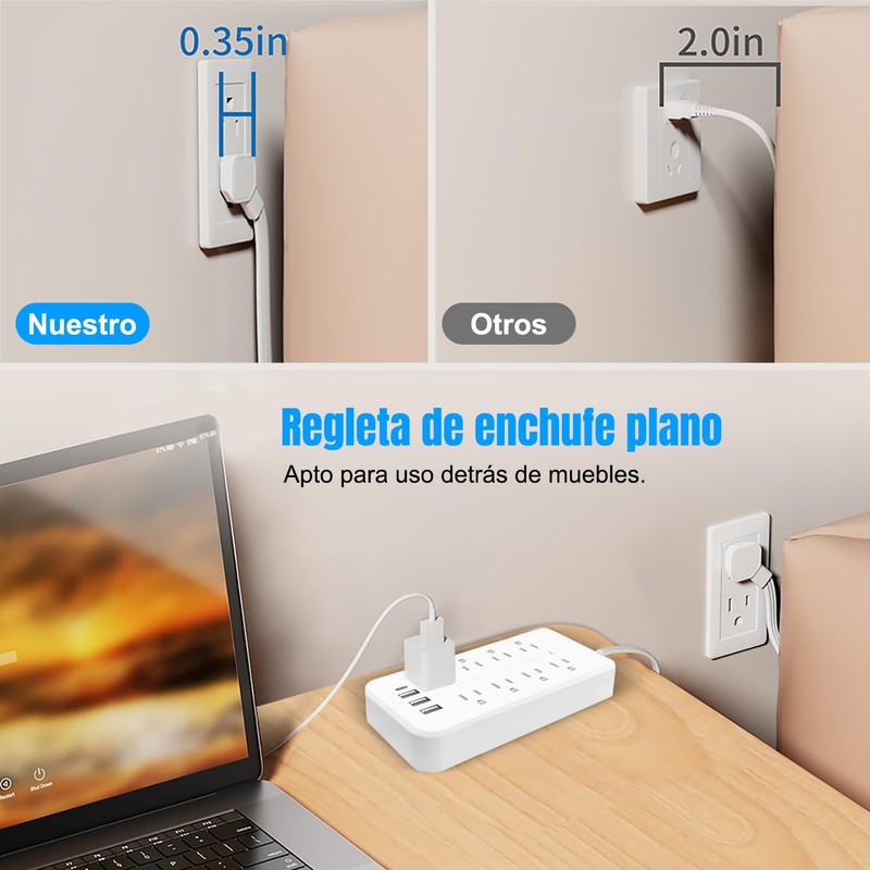 FANDBO 12 en 1 Regleta Multicontacto Extension USB, con 8
