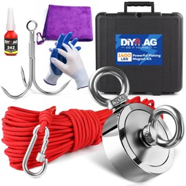 DIYMAG Fishing Magnet Kit, 1400 LBs Super Strong Double Side Neodymium Magnets Kits with Case, 20m (65 FT) Durable Rope Gloves Grappling Hook Carring Bag Towel and Thread Locker