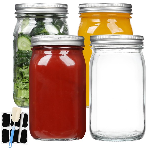 STARSIDE Mason Jars 32 oz with Wide Mouth Airtight Lids,4 pack 1 L Mason Jars,Glass Canning Jars,Clear Glass Jars with Lids for Pickles,Jams,Salad,Food Storage