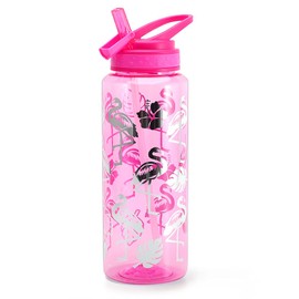 Glitter Water Bottle for Women Girls, BPA FREE Tritan & Leak Proof Dust-Free Flip Straw & Easy Clean, 30oz / 900ml (Flamingo with Straw)