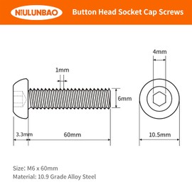 M6-1.0 x 60mm Button Head Socket Cap Screws Bolts 10.9 Grade Alloy Steel, Black Oxide Finish, Metric Machine Fully Threaded, Allen Hex Drive, 20PCS