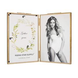 Rising Star Brass Frame, Double 4x6 Folding Picture Frames, Gold Metal Pressed Glass Photo Frame