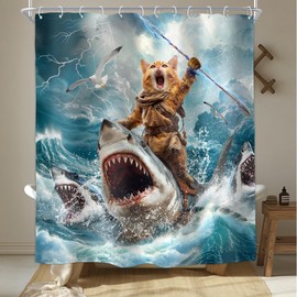 Homewelle Funny Cat Shower Curtain Riding Hilarious Shark Riding Shark Surfing Cool Beach Blue Sky White Clouds 60Wx72H Inch Ocean Waves for Boys Men Waterproof Polyester Fabric Bathroom Bathtub