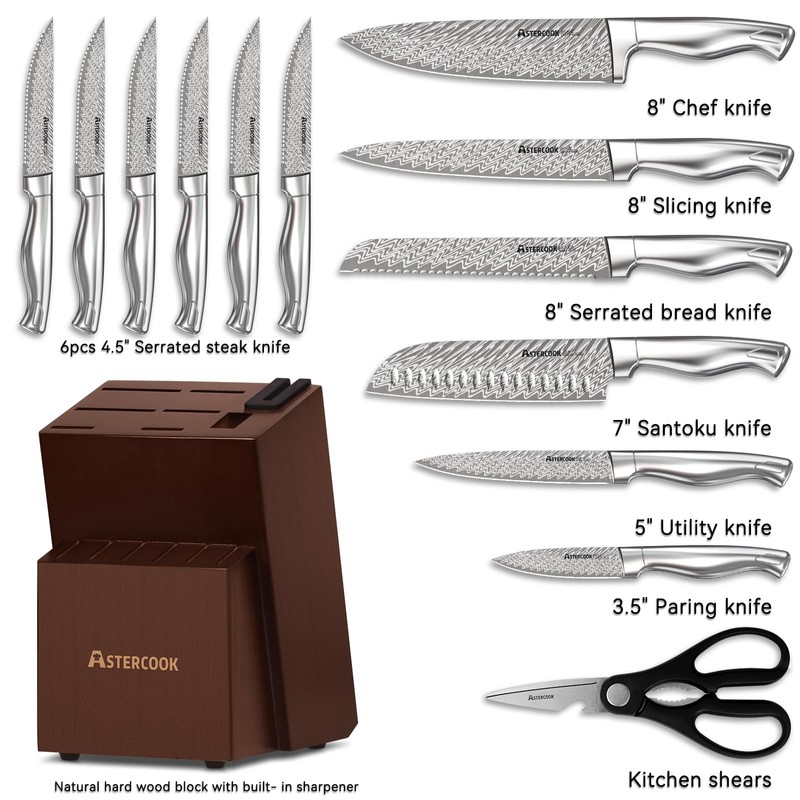 Astercook Knife Set, 15-Piece Kitchen Knife Set with Block, Built-in