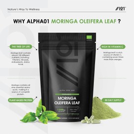 Organic Moringa 1200mg - 60 Vegan Capsules – Raw Moringa Oleifera Leaf - Rich in Vitamins, Antioxidants & Amino Acid – Resealable and Recyclable Pouch by Alpha01