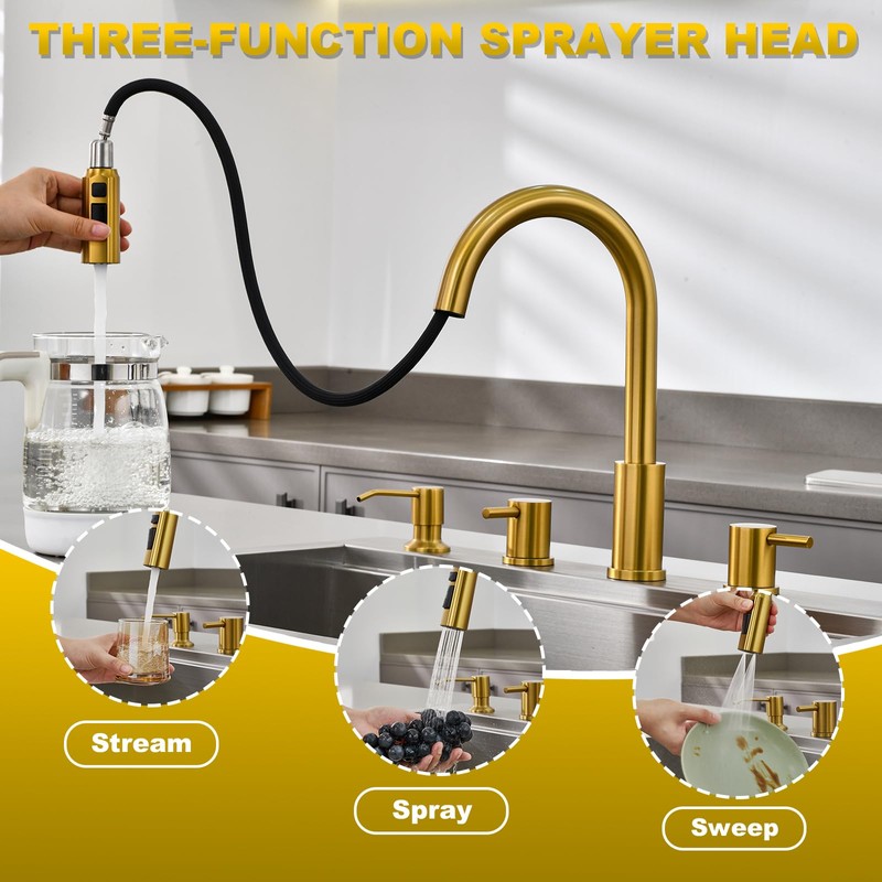 Tohlar 4 Hole Kitchen Faucet, Brushed Gold Kitchen Faucet with