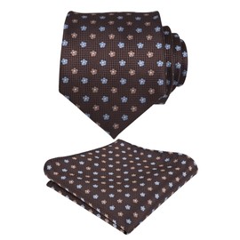 Alizeal Mens Regular Small Floral Pattern Necktie with Hanky for Business Wedding Tie and Handkerchief Set, Brown+Blue