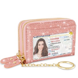 Simikol Credit Card Holder Small Double Zipper Card Wallet for Women with Keychain, Rose Gold Glitter