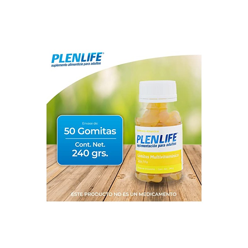 PLENLIFE Multivitamínico en gomitas sin azúcar sabor piña, 50 unidades