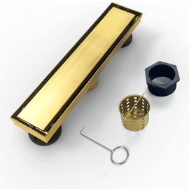 Elefloom Linear Shower Drain, 12 inch Gold Drain with Tile Insert 2-in-1 Panel, Brushed 304 Stainless Steel Gold Shower Floor Drain, Linear Drain with Hair Strainer and Adjustable Feet