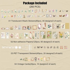 260pcs Vintage Scrapbooking Stickers Pack Vintage Stickers DIY Retro Journaling Supplies Stickers Kit Scrapbook Paper Accessories Stationery Study Washi Paper Sticker B