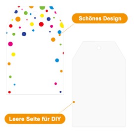 jijAcraft Gift Tags with Colourful Dots: 8.5 x 5.5 cm, White Paper Tags for Labelling, Pack of 100 Paper Labels with Hole and String for Children, Birthday, DIY Gift