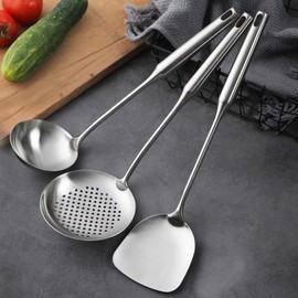 NIITAWH Wok Utensils for Carbon Steel, Stainless Steel Wok Spatula, Wok Tools Professional Set, 3-Pieces Food-Grade 304 Stainless Steel Cooking Utensils All Metal, Dishwasher Safe