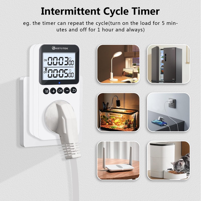 KETOTEK KTTS02 Digital Timer Socket with Backlight, Endless Cycle Switch,