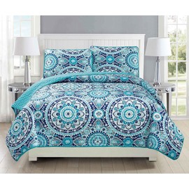 Fancy Collection 3pc Quilted Bedspread Set Coverlet Over Size New (King/California King, Turquoise, Blue, Gray, Teal)