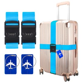 BILIONE Luggage Straps for Suitcases 2 Pack with Password Lock & Metal Airplane Tags, TSA Approved Suitcase Belt Strap, Adjustable Luggage Connector Straps to Connect Two Bags 20-34 Inch (Blue)