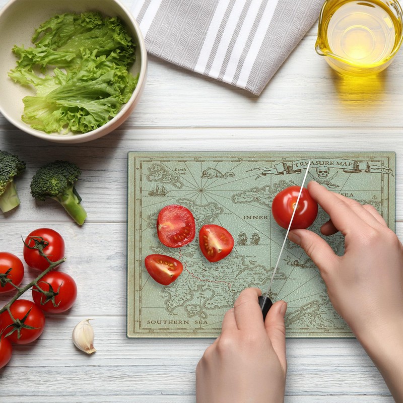 Lunarable Island Map Cutting Board, Detailed Treasure Map with Unique
