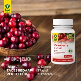 Raab Vitalfood Organic Cranberry Extract Capsules, Pack of 90, No Added Sugar, 50 mg Proanthocyanidins (PAC) per Serving of Extract, Gluten Free, Vegan, Pack of 1