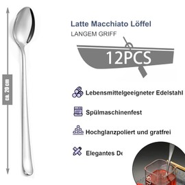 AHEJIOO Pack of 12 Latte Macchiato Spoons, 19.7 cm Long Ice Spoons, Stainless Steel Ice Spoons, Long Ice Cream Spoons, Also As Espresso Spoon and Coffee Spoon, Dishwasher Safe