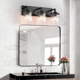 EvmVom 3 Light Bathroom Vanity Light, Matte Black Vanity Lights with Crystal Glass Shade, Modern Farmhouse Wall Sconces, Bathroom Lighting Fixtures Over Mirror,E26 Base
