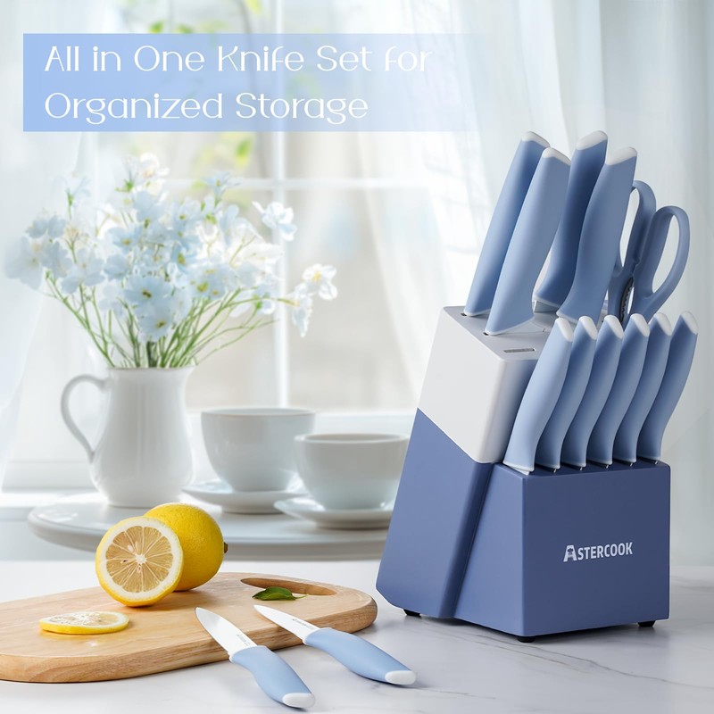 Astercook Kitchen Knife Set with Block and Sharpener 15 Piece