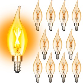 CHKADAWA E12 Amber Candelabra Light Bulbs Dimmable 40 Watts Equivalent, Flame Tip Chandelier Light Bulbs CA11, Vintage Candle LED Bulb, Warm White 2200K, CRI 90+, 12 Pack