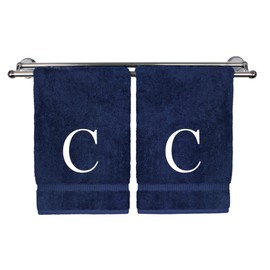 Toalla de mano con monograma, regalo personalizado, juego de 2 toallas bordadas con letras de bloque blanco – Extra absorbente 100% algodón turco – Acabado de rizo suave – Inicial C azul marino