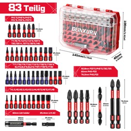 GEINXURN 83-Piece Screwdriver Bit Set Made of Impact-Resistant, S2 Steel, Magnetic Torx/Phillips/Pozidriv/Slotted/Hex Head Bit Set, 1/4 Inch Hex Shank Storage Box