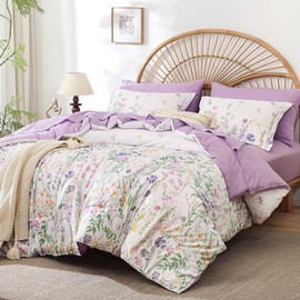 Yiran Purple Watercolour Floral Comforter Set Queen Size, 7 Piece Cute Botanical Lavender Comforter Bedding Set, Bed in a Bag Queen, Soft Microfiber Complete Bedding Set with Sheets for All Season