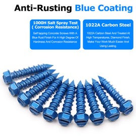 100PCS Concrete Screws Assortment Kit, 1/4" x1-1/4 Masonry Screws with Drill Bit and Driver Bit, Hex Head Cement Screws and Anchor, Diamond Point, Self Tapping Concrete Brick or Stucco, Blue Coated