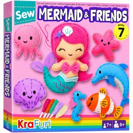 KRAFUN Kit da Cucito Sirene per Bambini 7+ Anni, 5 Bambole Peluche (Sirena, Delfino, Polpo), Feltro, Istruzioni, Scatola Riutilizzabile, Giocattolo Educativo