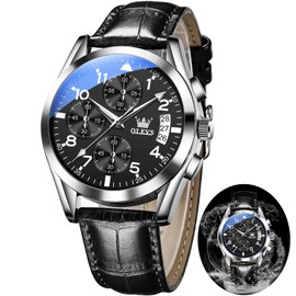 OLEVS Watches Men Black Leather Band Chronograph Big Face Watches for Men Classy Nice Waterproof Easy Adjustable Quartz Dress Wrist Watch Relojes para Hombres