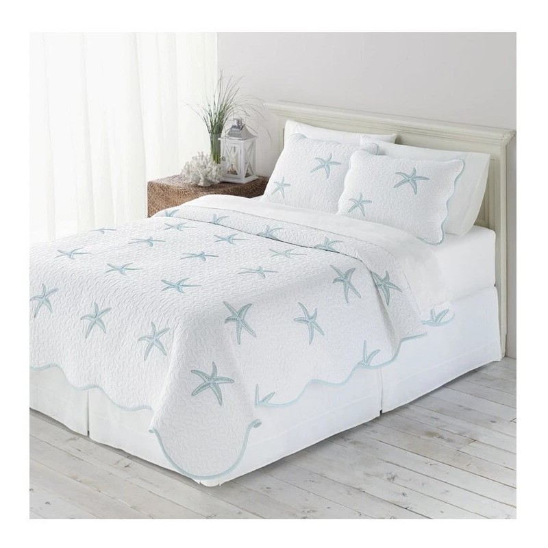 Home Classics White Embroidery Quilted Standard Sham Blue Starfish 100%