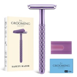 Maquinilla de afeitar de seguridad de doble filo para mujeres de The Grooming Society, color morado, con 10 hojas y cubierta de silicona, de metal duradero, ecológica, de una sola hoja, para un afeita