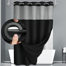 YellyHommy No Hook Shower Curtain with Snap in Liner Set Less Time Black Waffle Shower Curtain for Bathroom 87" L x 72" W
