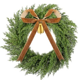 Dingion Cedar Wreath Faux Cedar Christmas Outdoor Wreath Realistic with Vintage Rustic Cow Bell Velvet Ribbon for Christmas Decorations Holiday Indoor Front Door Decor(Brown,26 Inch)