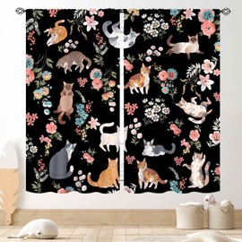 TKUYO Cat Curtains Cute Blackout Curtains for Bedroom, Watercolor Black Floral Plants Lovely Kawaii Cat Aesthetic Window Drapery Treatments for Living Room Kitchen Bathroom 2 Panels Set, 42"x45" Inch