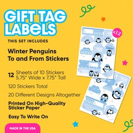 Big Dot of Happiness Winter Penguins - Assorted Holiday and Christmas Party Gift Tag Labels - to and from Stickers - 12 Sheets - 120 Stickers