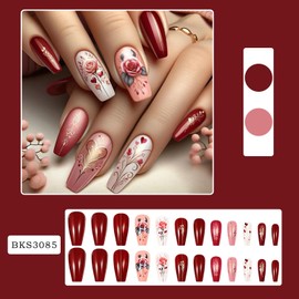 24Pcs Valentines Press on Nails Rose Heart Fake Nails Medium Coffin Glue on Nails Red Acrylic Press on Nails Valentine's Day Artificial Nails Medium Length False Nails Cute Stick on Nails for Women