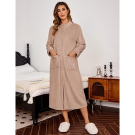 Ekouaer Women Zipper Robe Long Sleeves Bathrobe Winter Sleepwear Warm Soft Housecoat with Pockets Zip Up House Robes