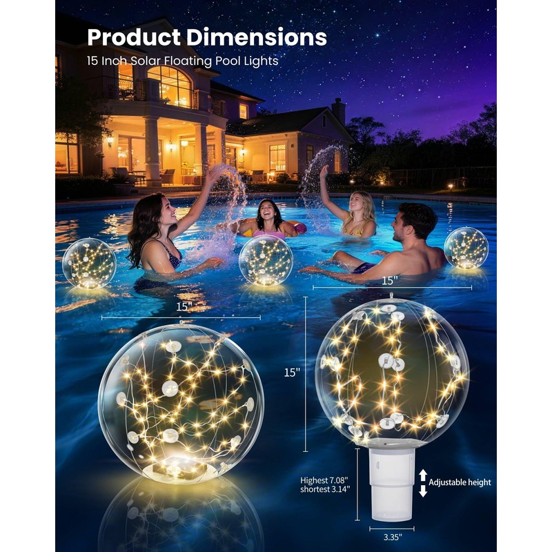 Powfloven 3 Pack Floating Pool Lights Solar Powered, 15" Inflatable