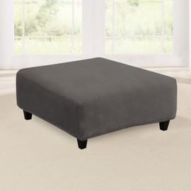 SureFit Stretch Pique Square Ottoman Slipcovers, One Piece Ottoman Covers with Elastic Bottom for A Snug Fit, Machine Washable Ottoman Covers, Flannel Gray