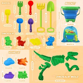 Juguetes de Playa de Dinosaurios para Niños, Set de Juguetes de Arena con Cubo Plegable, Moldes, Pala, Rastrillo, Bolsa de Malla, Kit de Construcción y Excavación de Dinosaurios