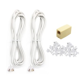 2PCS 15Ft Phone Extension Cord Male to Male Telephone Flat Cord with Standard RJ11 6P4C Plug and 1 in-Line Coupler 50PCS Cable Clamp Holders