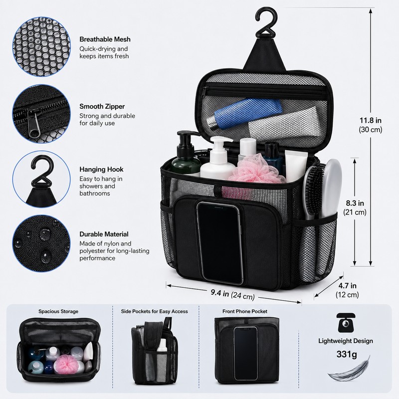 Quick-Dry Mesh Shower Caddy for College Dorms & Travel –