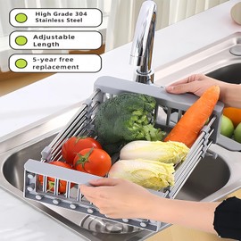 Delle Rose Retractable Dish Drying Rack,Stainless Steel Drainer Basket for Dishes,Vegetables, Fruits,Ideal On or in Sink Kitchen Drainer Basket DrainTray,Suitable for 10.7"-17" Sinks