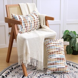 QoBexim Boho Decorative Throw Pillow Covers 12x20 Inch, Chenille Tufted Pillow Cover Stripe Textured Lumbar Farmhouse Accent Pillowcase for Couch Sofa Bedroom Living Room, Red White Khaki Grey 1 Pack