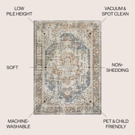 JONATHAN Y WSH316A-3 Keesha Bold Distressed Medallion Low-Pile Machine-Washable Area Rug, Bohemian, Classic for Bedroom, Kitchen, Living Room, Easy-Cleaning, Blue/Cream, 3 ft. x 5 ft.