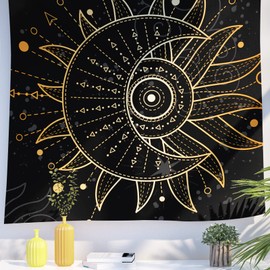 Berkin Arts Decor Tapestry with Gold Occult Mystic Signs Symbols Wall Hanging Aesthetic Backdrop Sun Moon Star Black Gold Funny Girl for Living Room 59.1 x 78.7 Inch