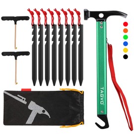TAGVO Camping Hammer with 8 PCS Aluminum Alloy Tent Pegs and 2 PCS Multifuctional Tent Stakes Puller Set with Storage Bag, Multifunction Aluminum Tent hammer Camping Mallet Portable for Camping